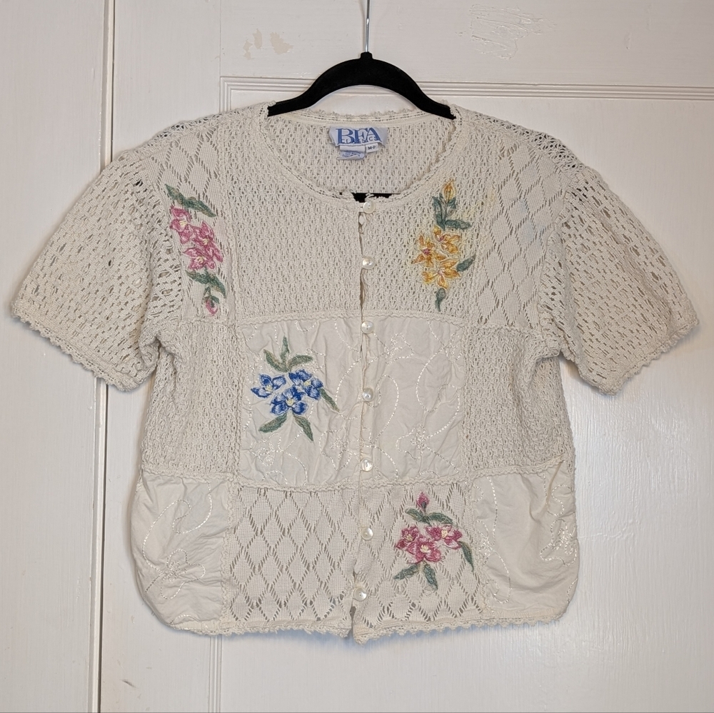 Vintage 90s BFA Classics Crochet Patchwork Floral Embroidered Short Sleeve M-P